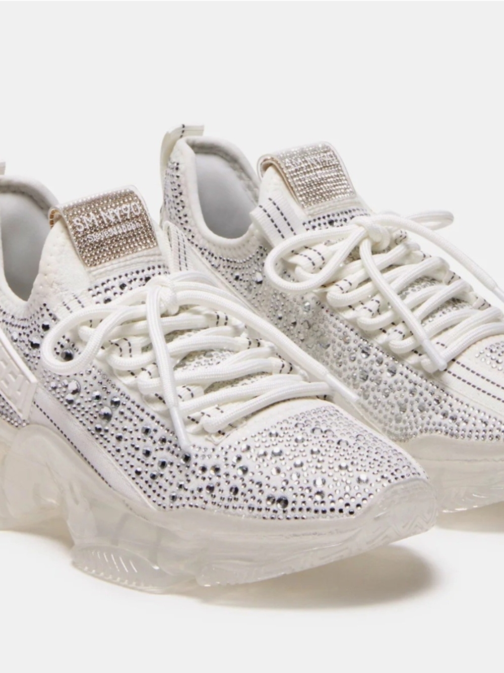 Steve Madden White Crystal-Studded Lace-Up Sneakers with Metallic Accent